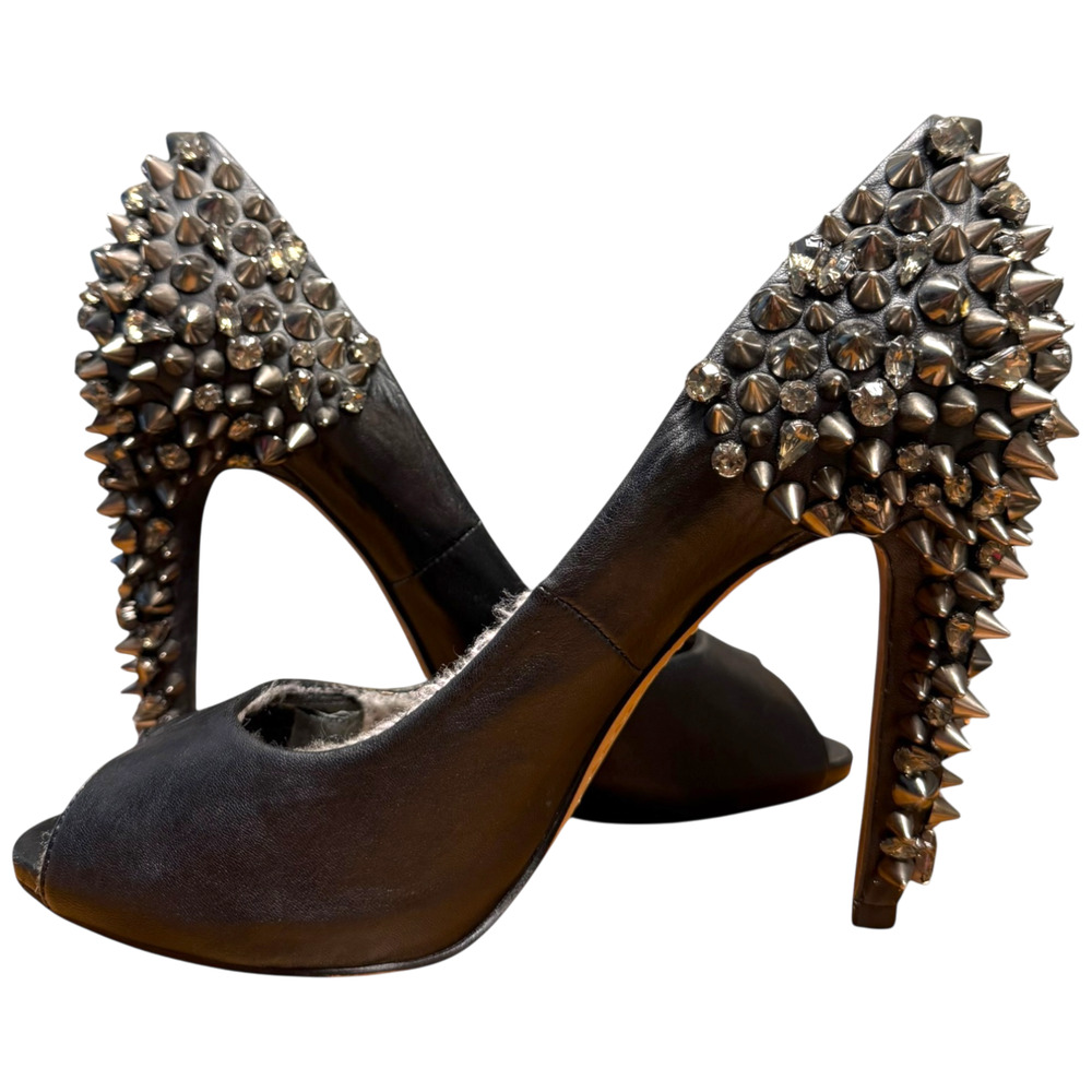 SAM EDELMAN Lorissa Women 8M Peep-Toe Black Leather Heels Silver Spikes Crystals